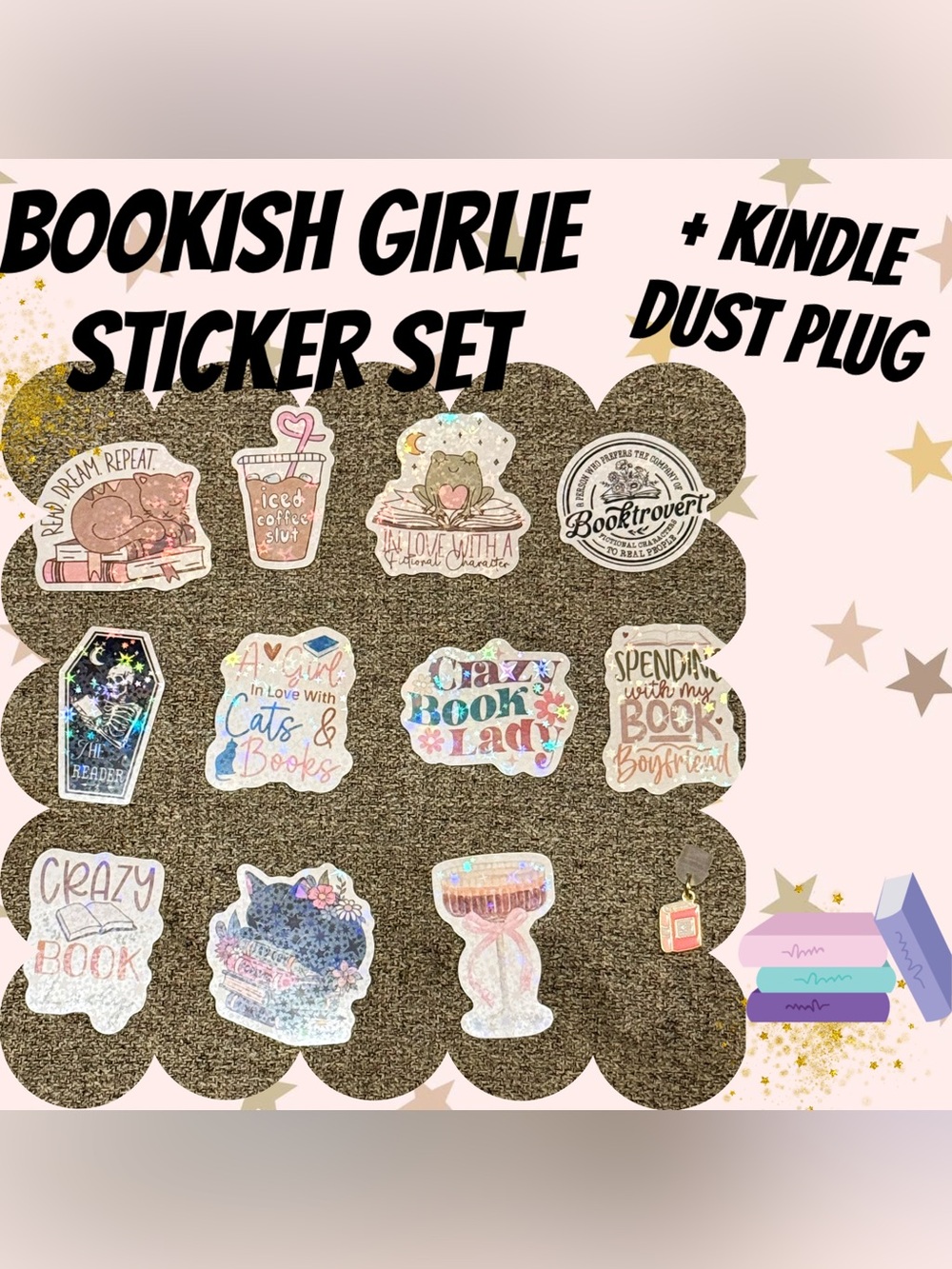 Cute Holographic Bookish Girlie Laser Cut Sticker + Kindle Dust Plug Set Kit